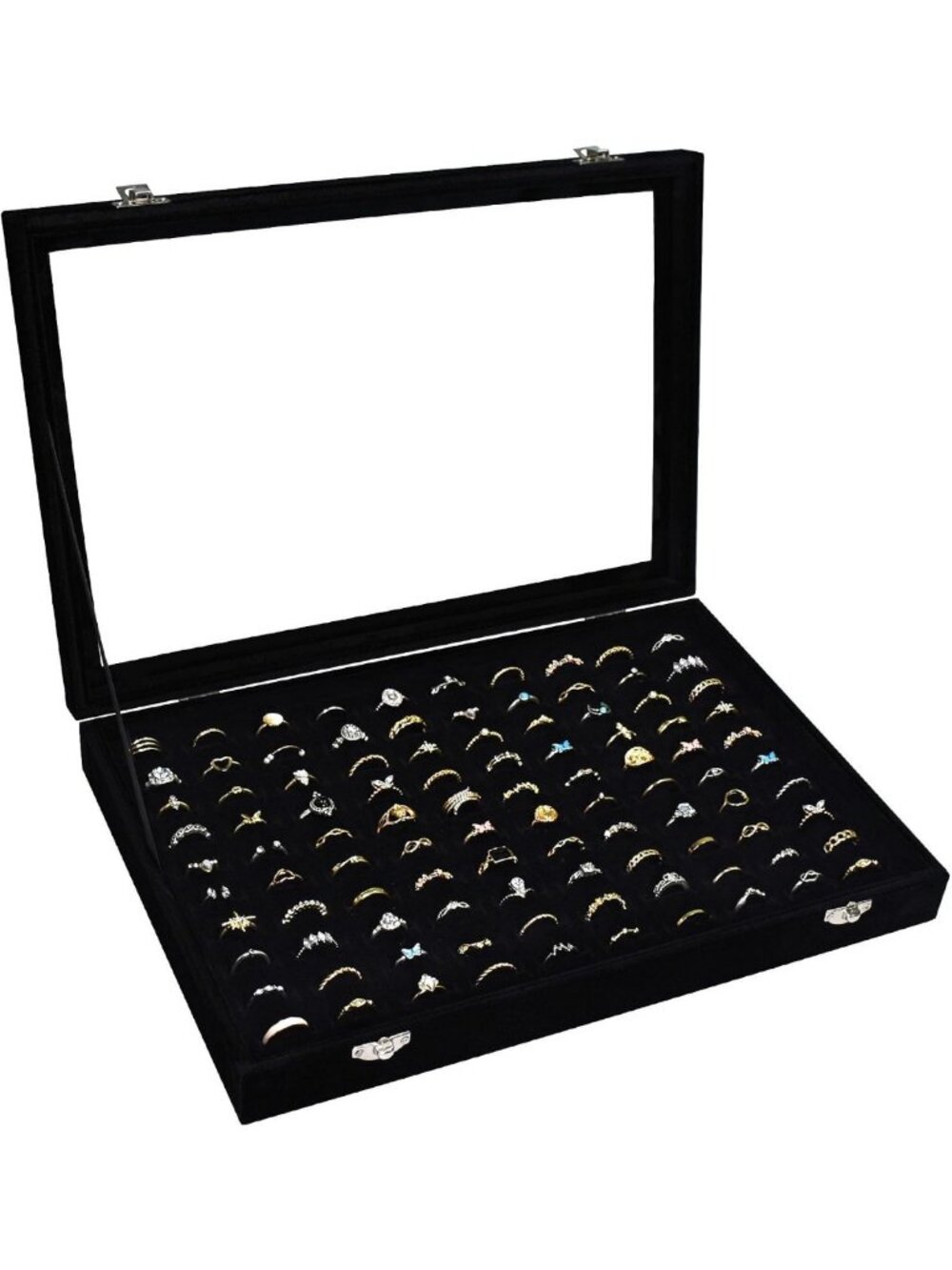 Velvet Ring Display Tray Organizer with Transparent Lid - 100 Slot Jewelry